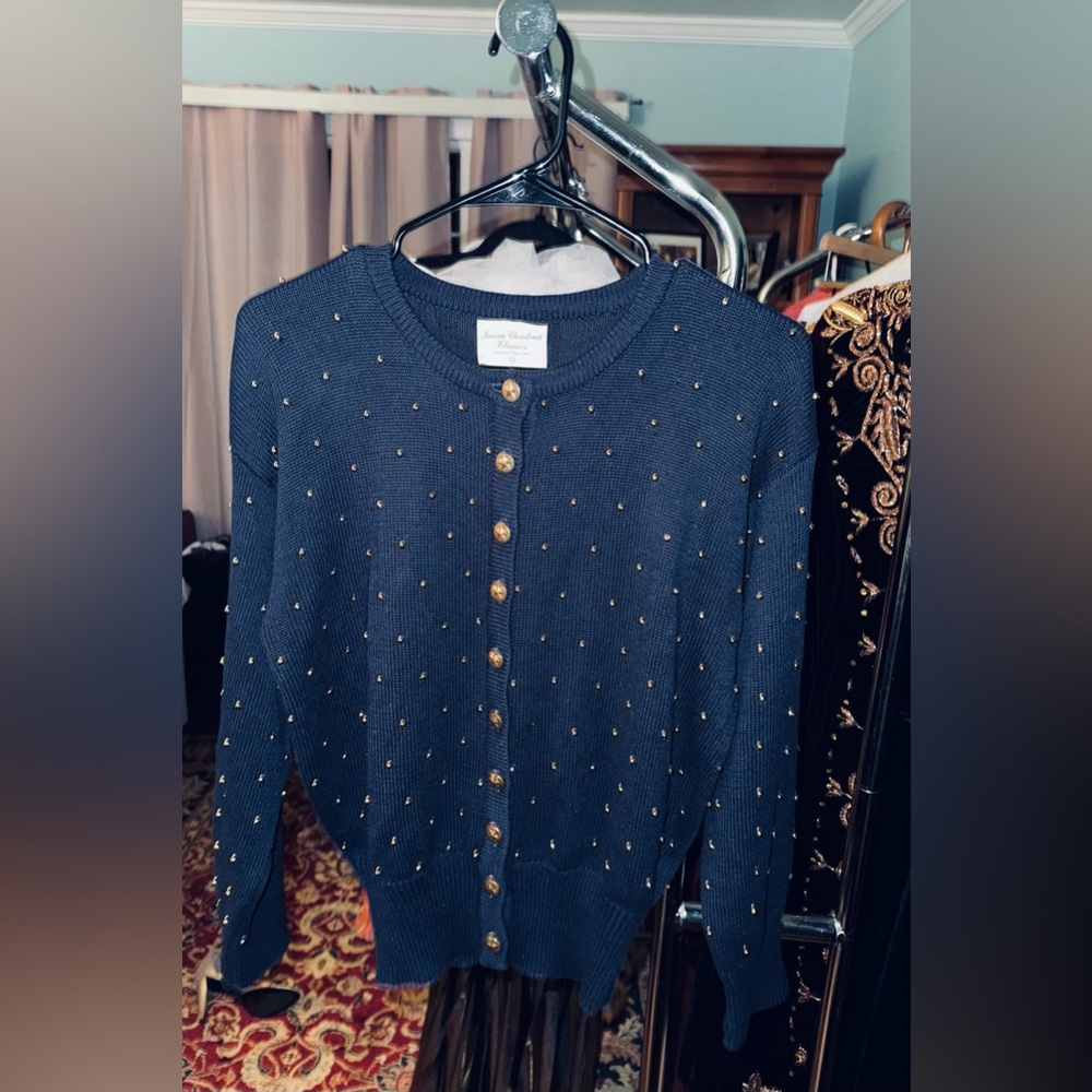 Vintage Gold Beaded Sweater w/ Star Buttons